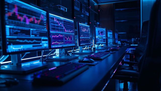 Futuristic trading desk with widescreen monitors and rgb keyboards displaying real-time charts