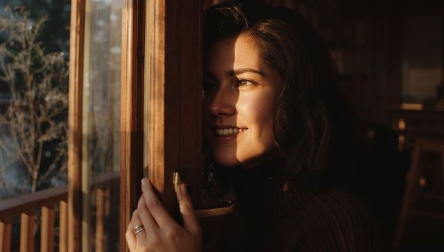 Sunlit woman peeking through cabin door, smiling while holding brass handle at golden hour