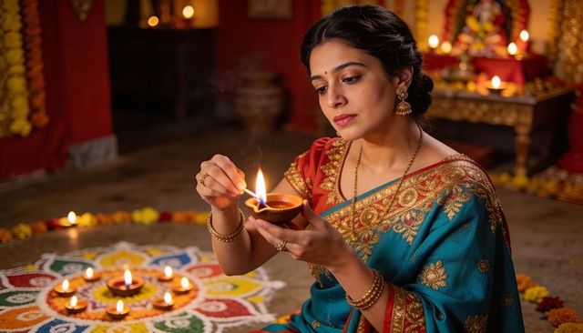 Indian woman lighting diya during diwali puja wearing embroidered teal and red sari
