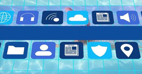 Adult female floating in swimming pool beneath digital app icon overlay