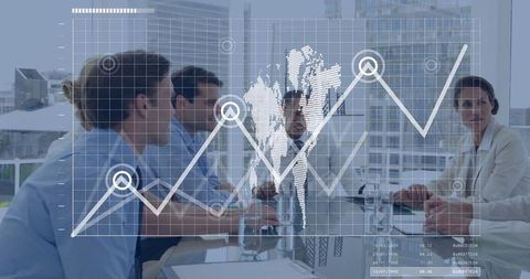 Business Team Analyzing Global Data Trends in Modern Office