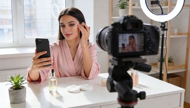 Beauty creator filming skincare tutorial applying eye patches using smartphone and dslr