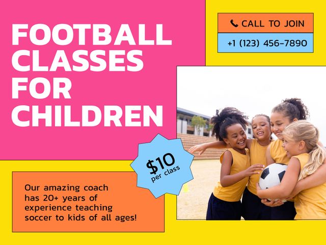 Bright and cheerful football classes banner suitable for promoting children's sports programs. Highlights contact number, cost, and coach's experience. Can be used for advertisements, flyers, or online marketing.