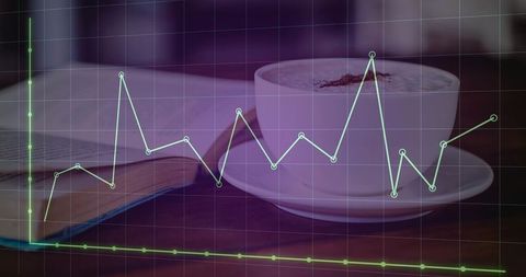 Cappuccino on saucer with open book and glowing data graph overlay, cozy cafe productivity