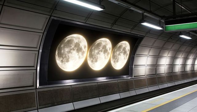 Underground metro panel displaying triptych full moons glowing above subway platform