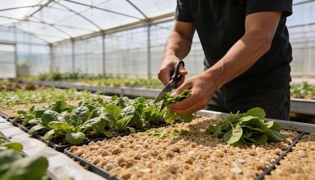 Greenhouse worker harvesting baby spinach with shears over propagation trays, natural light