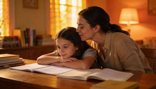 Mother guiding daughter studying at wooden table in cozy warm home learning moment