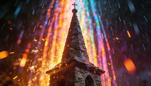 Glowing stone church steeple emitting sparks and rainbow beams in rainy night