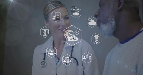 Female Doctor Consulting Patient with Healthcare Icons Overlay