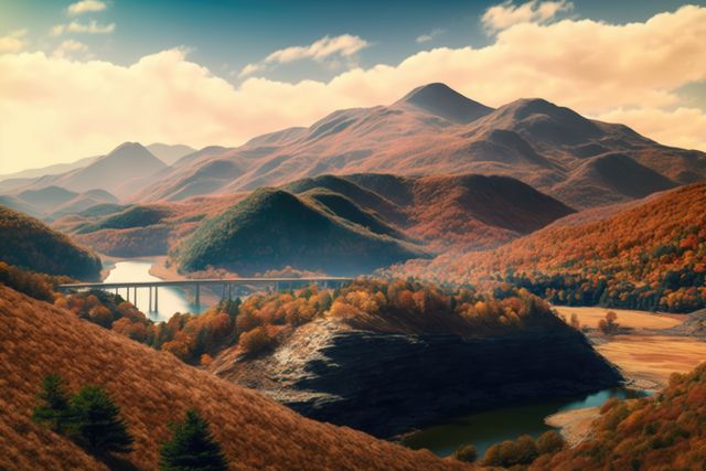 Landscape, clouds over hills and bridge, created using ai technology. nature, digitally generated image.