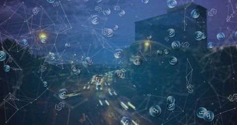 Blockchain network overlaying urban highway at night with floating Bitcoin tokens
