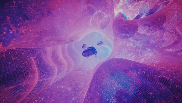 Floating VR Headset in Abstract Purple Cyber Tunnel