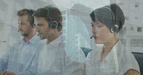 Business professionals using headsets in digital security overlay