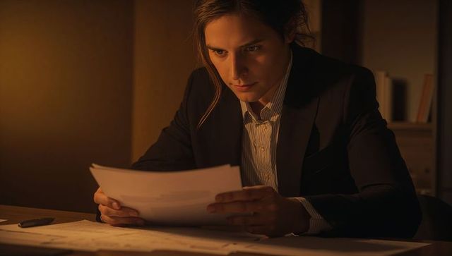 Executive reviewing documents at desk late night under warm moody lighting