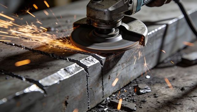Angle grinder producing bright sparks on steel bar - close-up metal fabrication action