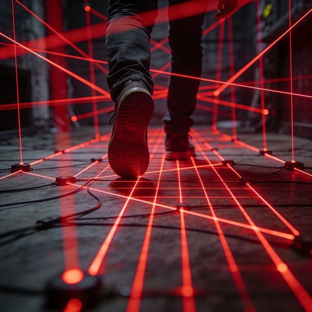 Booted man walking through red laser grid in abandoned industrial corridor