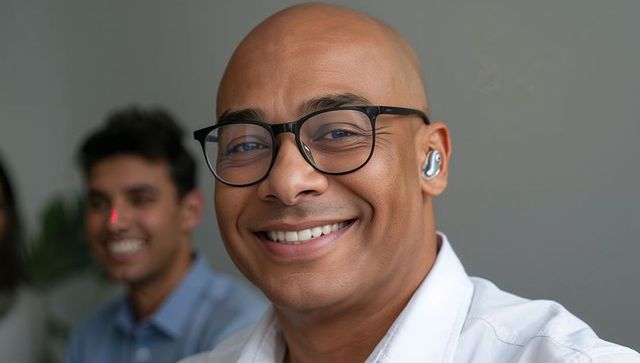 Confident businessman with wireless earbud smiling in office setting