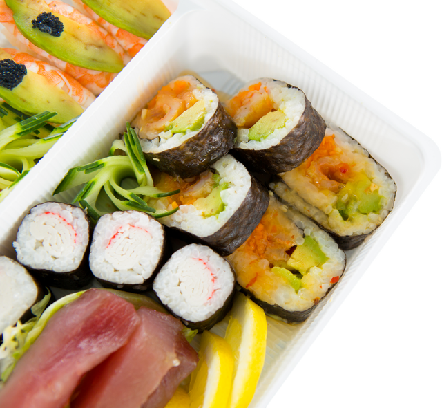 Close-up of Sushi Rolls, Nigiri and Garnish in Transparent Tray - Download Free Stock Videos Pikwizard.com