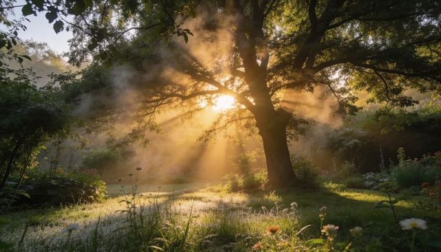 Golden Sunbeams Piercing Morning Mist Through Oak Canopy Over Dewy Garden Glade
