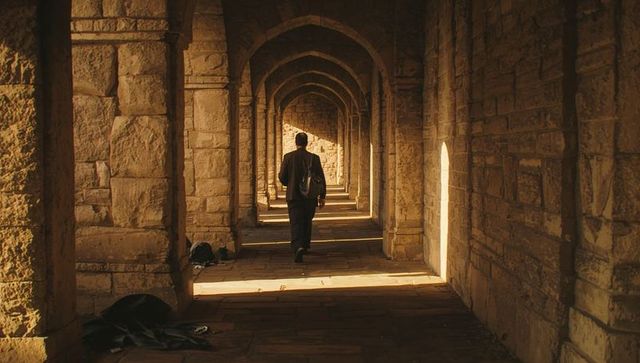 Walking man carrying shoulder bag through sunlit stone arcade with repeating arches
