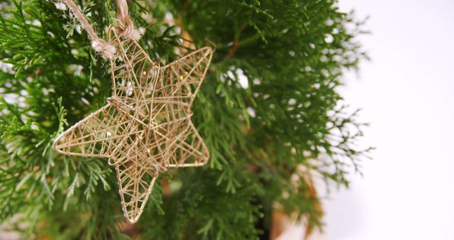 Close up of star christmas decoration on christmas tree with copy space. Christmas, tradition and celebration concept.