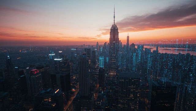 Sunset skyline with spire rising above river, neon blue data overlay on skyscrapers at dusk