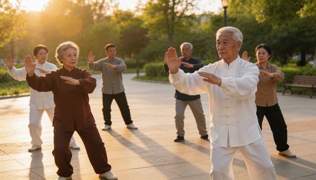Seniors practicing tai chi in park at sunrise promoting balance mobility and mindfulness