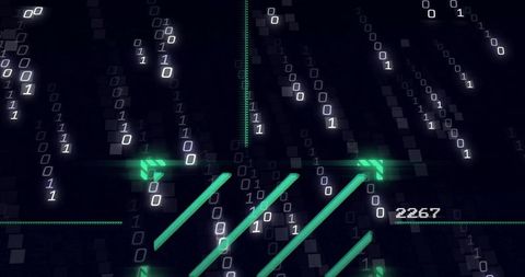 Glowing cyan diagonal bars cutting through binary data stream with neon matrix elements