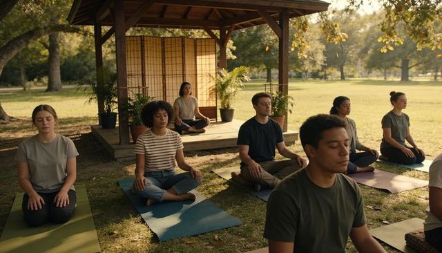 Group meditating outdoors under wooden pavilion with shoji screen and yoga mats