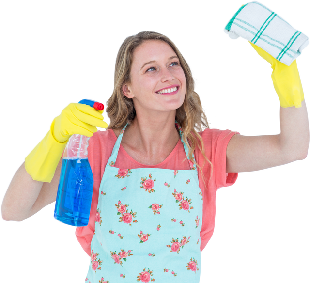 Smiling Woman Cleaning with Spray Bottle and Cloth Isolated Transparent Background - Download Free Stock Videos Pikwizard.com