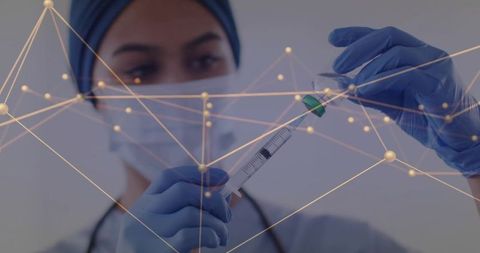 Female Clinician in Hijab Preparing Vaccine with Syringe and Digital Data Overlay for Public Health