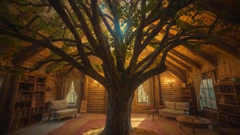 Majestic Tree Spreads in Rustic Cabin Sanctuary