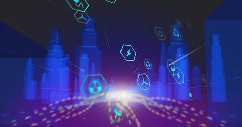 Neon data streams over futuristic cyber cityscape