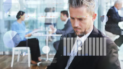 Caucasian Businessman Using Tablet with Financial Data Overlay