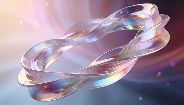 Floating iridescent glass torus ribbon shimmering pearlescent colors with soft bokeh gleam