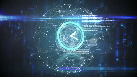 Digital Clock with Data Streams and Globe Overlay