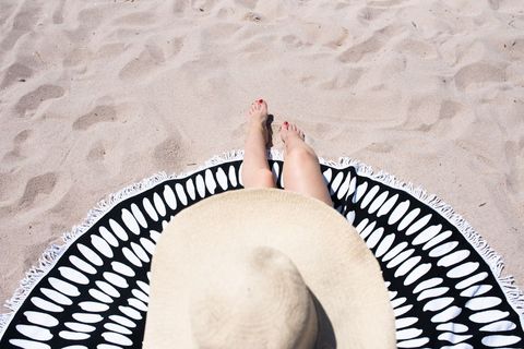 Relaxing on Sandy Beach with Sun Hat and Stylish Towel
