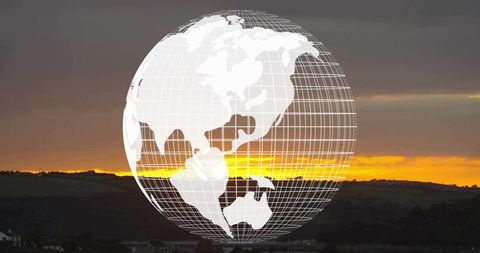 Wireframe globe hovering over golden sunset hills conveying global connectivity