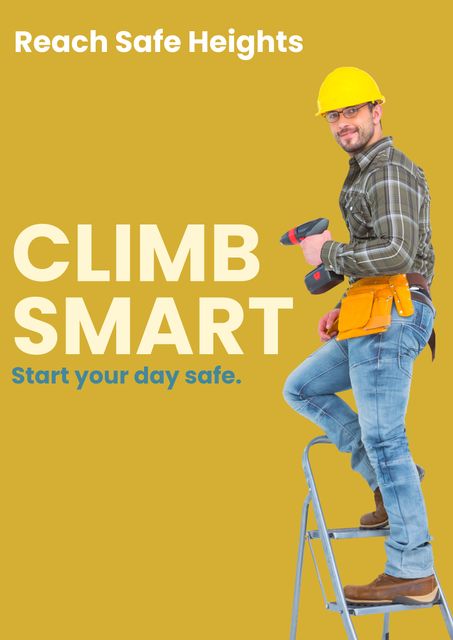 Construction Worker Promoting Safety with Ladder in Colorful Poster - Download Free Stock Templates Pikwizard.com