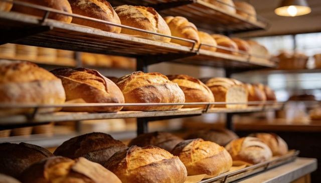 Displaying rustic artisan sourdough boules on tiered metal racks in bakery