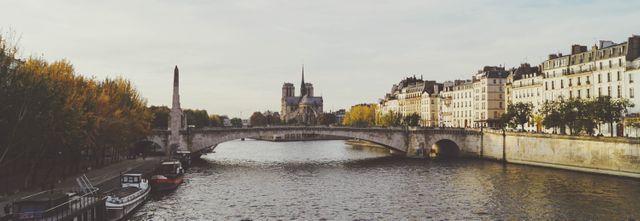 This photograph showcases a scenic view of the Seine River and a historical bridge in Paris during autumn. The iconic Notre-Dame Cathedral is visible in the background. Ideal for travel websites, blogs, promotional materials, or publications related to European architecture and tourism.