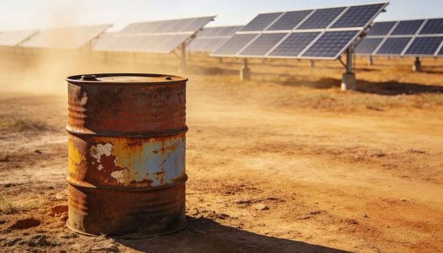 Rusting barrel standing on arid solar farm with dust haze and solar array