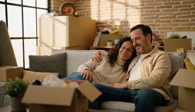 Middle-aged couple cuddling on couch unpacking boxes in cozy sunlit brick loft