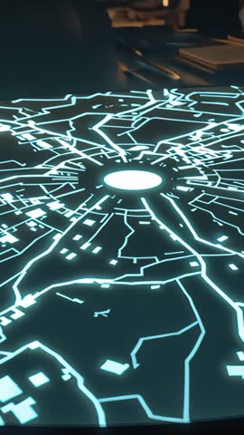 Revealing holographic network map on office table, vertical futuristic tech interface