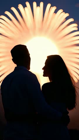 Romantic Couple Silhouette Embracing While Firework Burst Ignites Behind at Twilight Sky