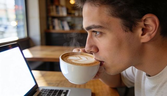 Young man sipping latte while working on laptop in sunlit cozy cafe remote work morning