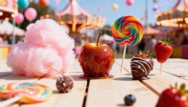 Dripping Caramel Apple with Cotton Candy and Rainbow Lollipop at Vibrant Summer Carnival