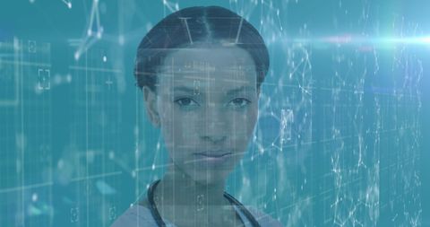 Serious african american woman examines digital screens