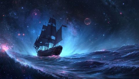 Ship sailing cosmic ocean under starry celestial sky