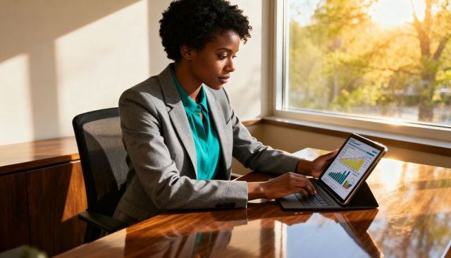 Analyzing financial charts on tablet in sunlit office, businesswoman working on analytics